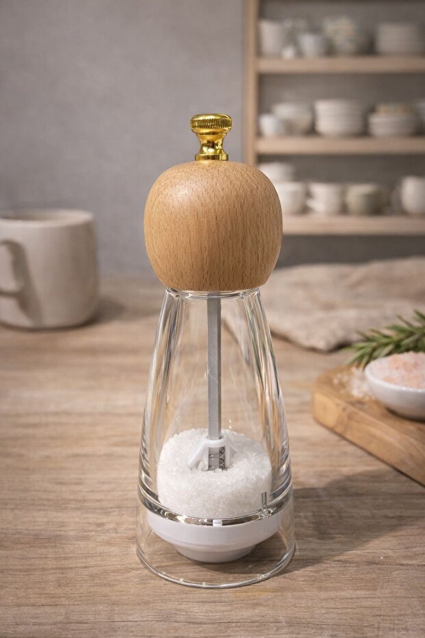 Transparent Acrylic Salt and Pepper Shaker Spice Grinder Mill with Wooden Head - 17 cm