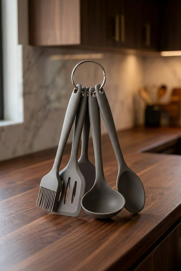 Heat Resistant 5-Piece Gray Silicone Serving Set with Hanger - Fireproof Non-Stick Ladle Spoon Spatula Set
