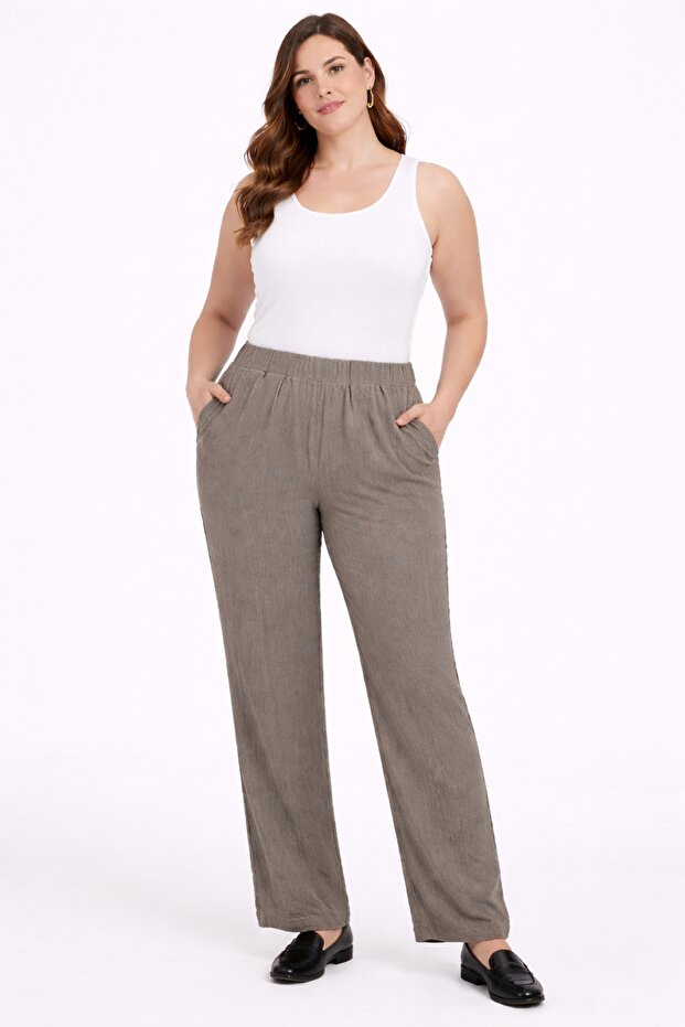 Women's Plus Size Mink, Elastic Waist, Wide Leg Pocket Wrinkle Fabric Pants 65N39311