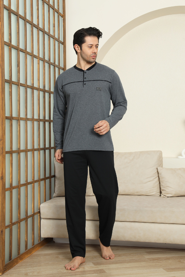 Men's 100% Cotton Pajama Set-Robe and 3 Buttons-12489