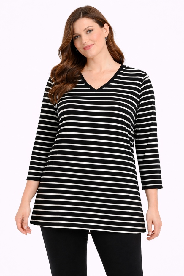 Women's Plus Size Black, Three Quarter Sleeve, V-Neck Striped Blouse 65N39315
