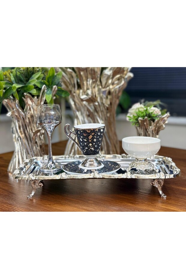 6-Piece Footed Presentation Tray & Baton Cake & Pastry Serving Steel Tray Cast Full Silver 32 cm