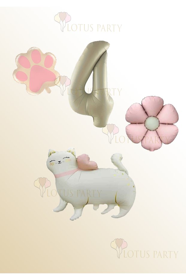 Cat Foil Balloon - Cream Number Balloon - Pink Daisy Balloon Paw Foil Balloon Retro Cat Balloon 4 Years Old