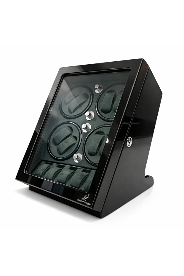 Automatic Watch Winder Box | 8+ 6 | Japanese Mabuchi Silent Motor | Piano Wood | Inside Is Alcantara Green