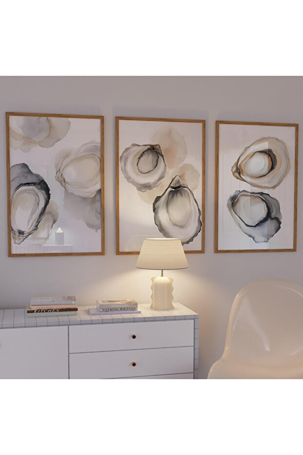 Wooden Framed 3 Piece Abstract Painting Oyster Shell Series Qmrc