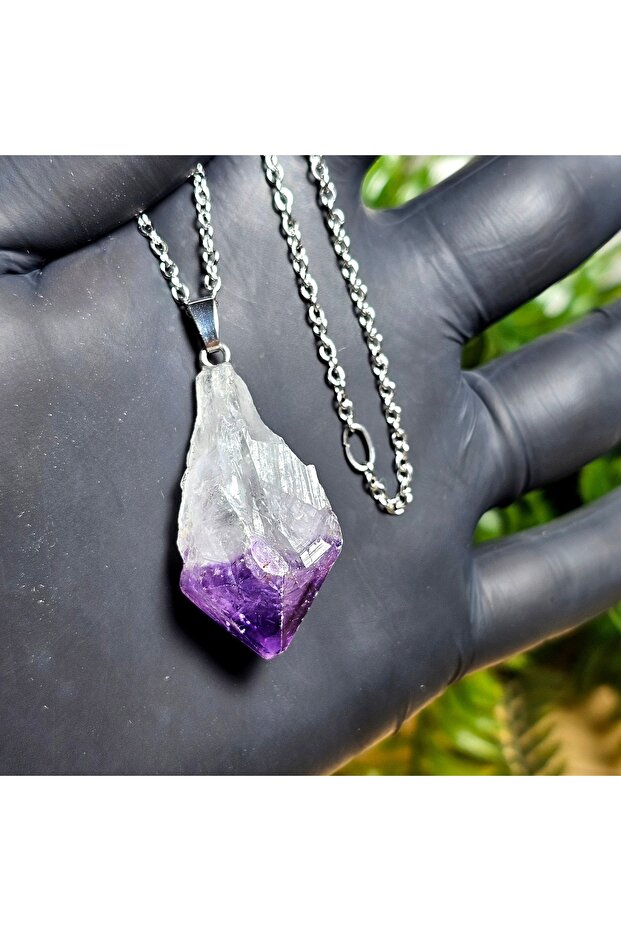 Amethyst Natural Stone Necklace -6- (Steel Chain) Handmade Design Products