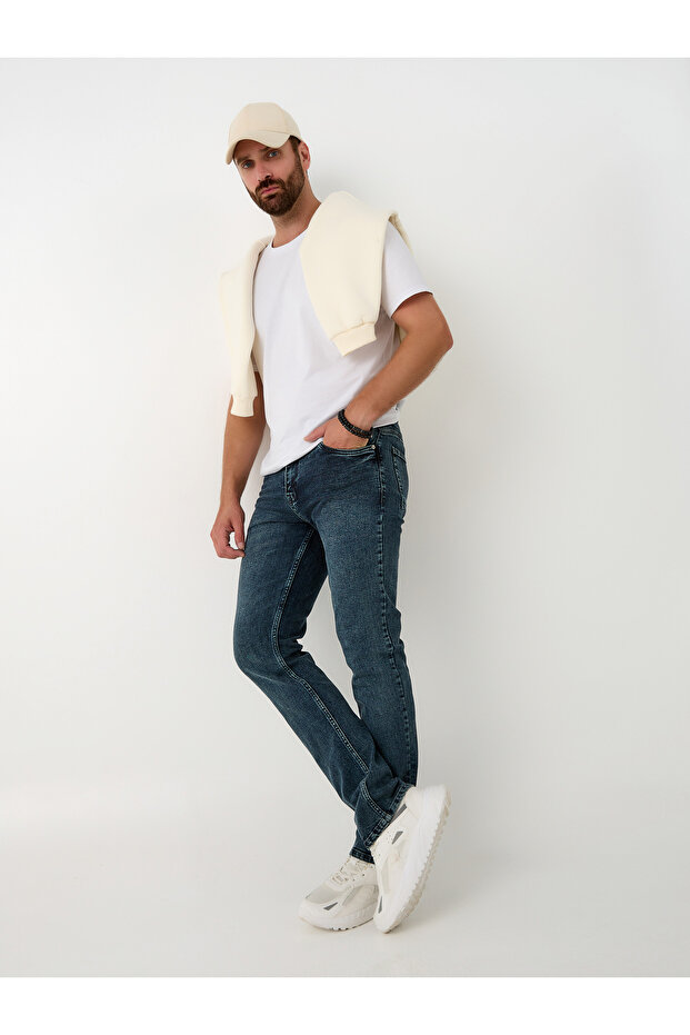 Regular Fit Snow Washed Stretch Fabric Denim Trousers