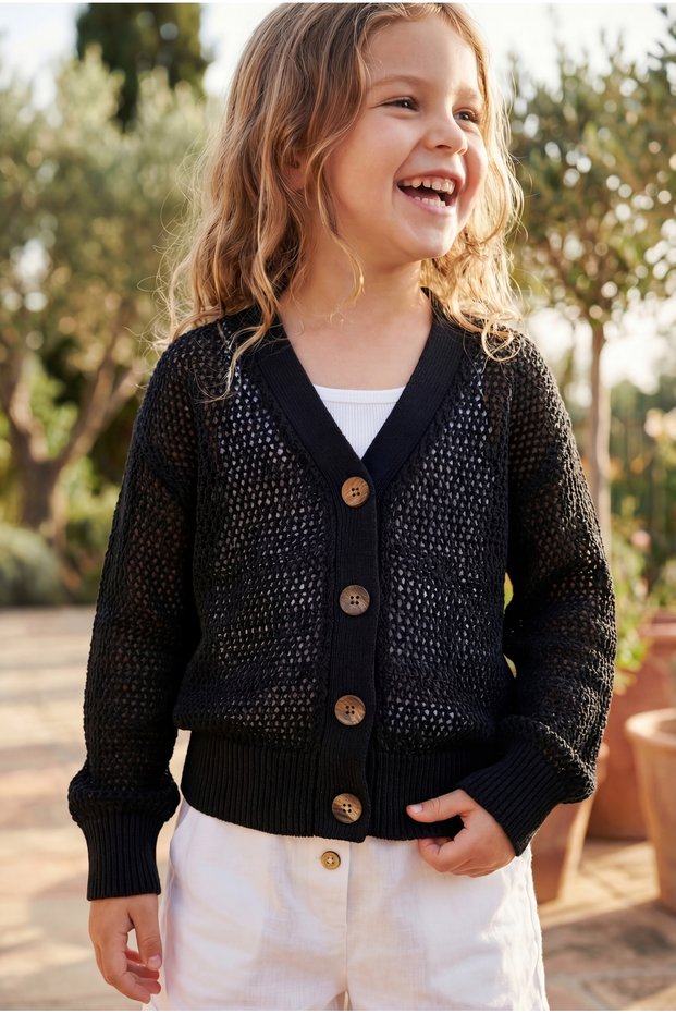 Girl's Lace-Like Knit Stitch-Free Premium Cardigan V-Neck Buttoned Cotton Hollow Knit