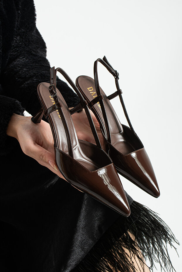 LIYA Women's Dark Brown 6 cm Thin Heeled Ankle-Strap Backless Buckled Pointed-Toe Patent Leather Shoes