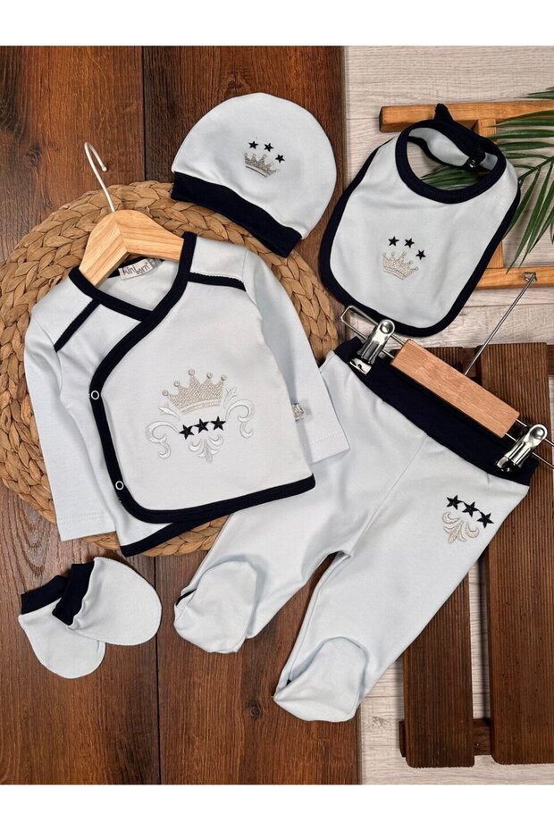 Cotton Crown Patterned 5-Piece Baby Boy Hospital Discharge Set