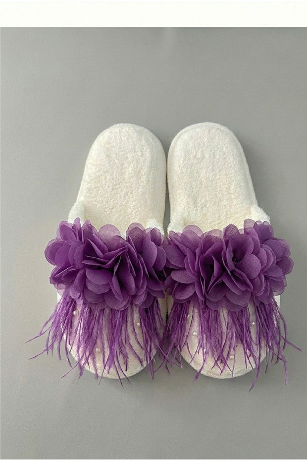 Feathered Floral Pearl Bridal Slippers | Bride Slippers | Dowry & Maternity Slippers