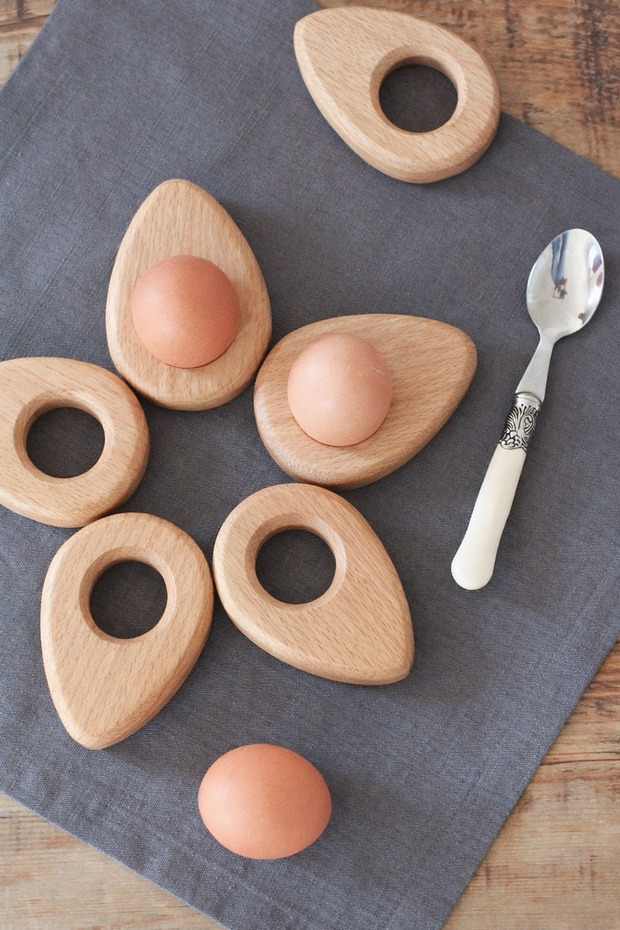 Wooden Egg Holder (Set of 2) Beech Wood - Egg Holder - Natural Handmade Breakfast Serving Tray