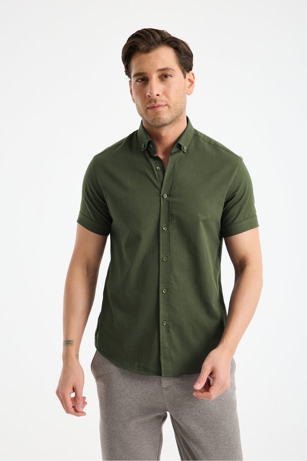 Short Sleeve Flam Linen 100% Cotton Slim Fit Men's Shirt