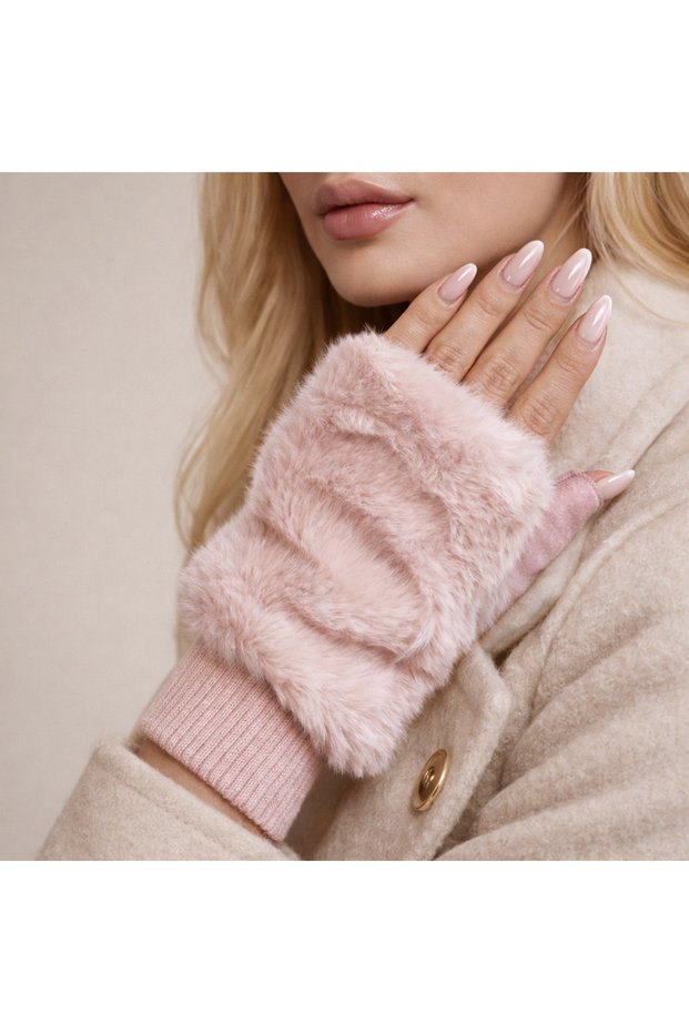 Fingerless Gloves Women Plush Furry Powder Pink