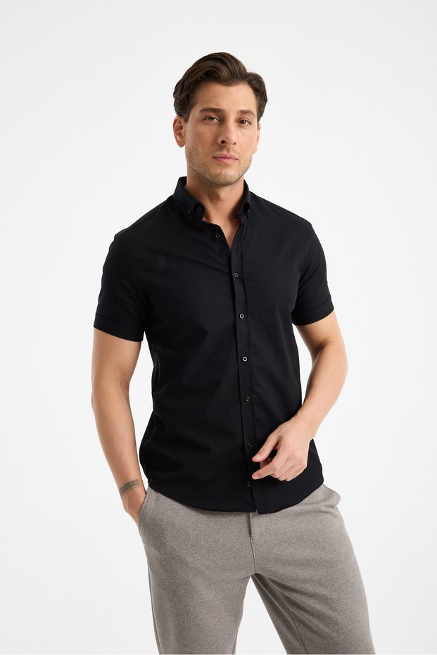 Short Sleeve Flam Linen 100% Cotton Slim Fit Men's Shirt