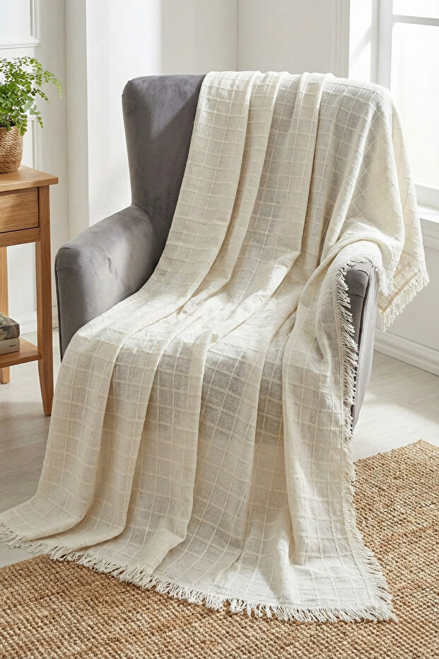 Cozy | Single Sofa Cover Buldan Fabric Tasseled Ecru 180X180 cm