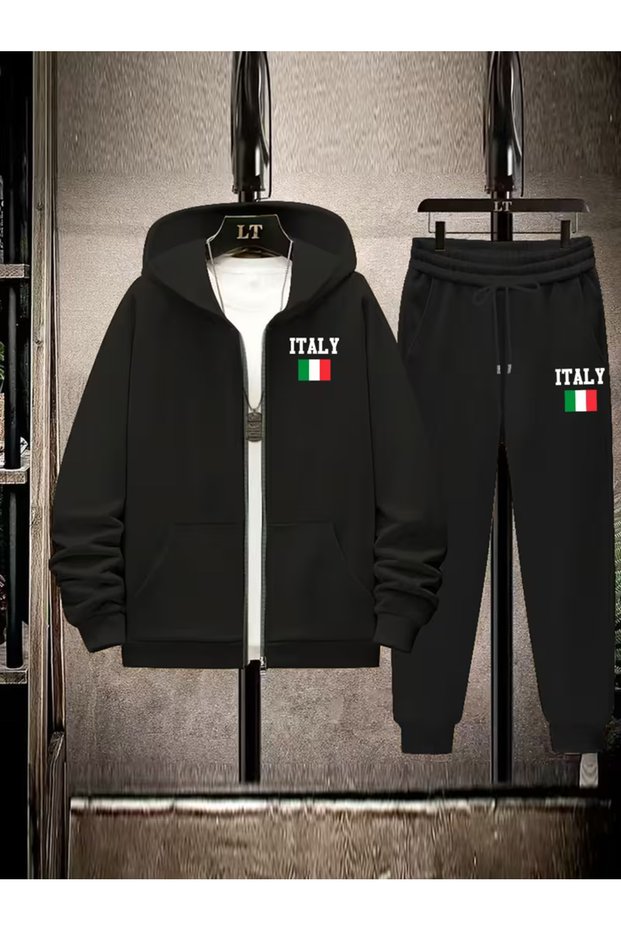 Printed zippered sweatshirt tracksuit bottom 2-piece set top and bottom set