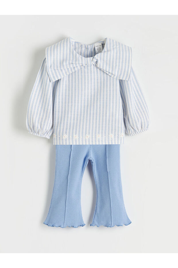 Ecru striped baby girl blouse and leggings with bow collar detail