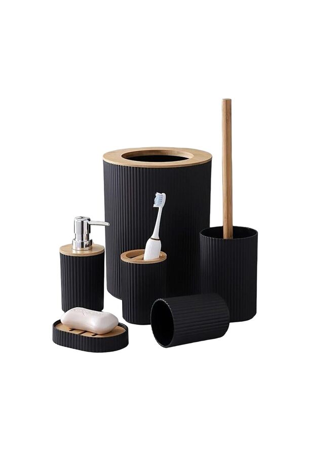 6 Pcs Bathroom Accessories Set, Toilet Brush, Soap Dispenser, Toothbrush Holder, Trash Can (Black R)