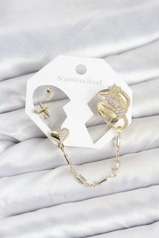 Heart Star Model Brass Gold Color Chain Linked Ear Cuff Earring Set Tj-Bkp11547