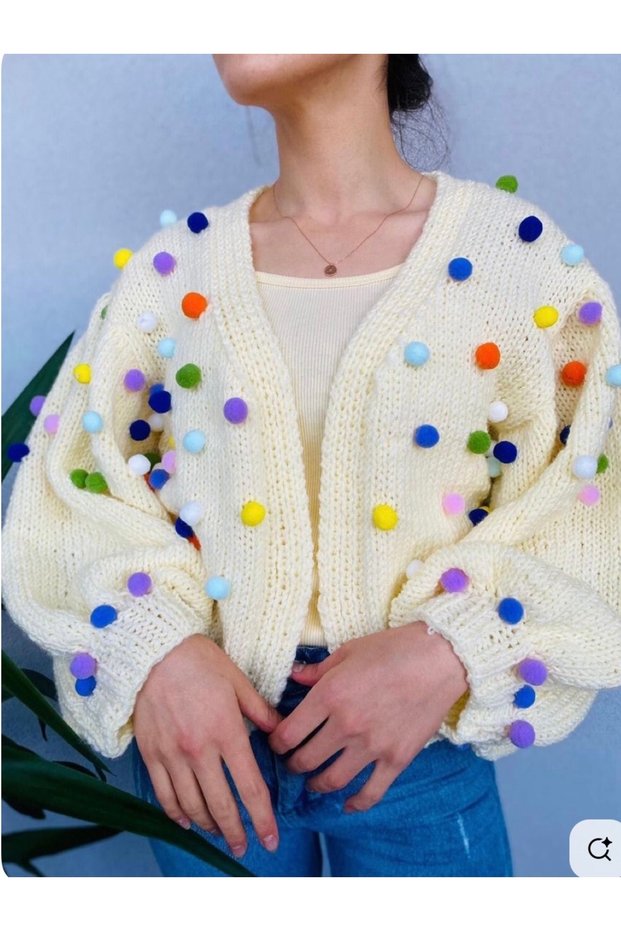 Megahan Boutıqe Pop Corn Patterned Trendy Hand-Embroidered White Cardigan