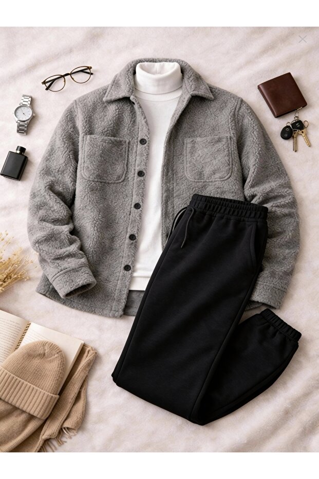 Plush Shirt - 3-Thread Knit Tracksuit Bottom and Top Set - Casual Comfortable