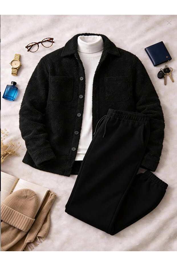Plush Shirt - 3-Thread Knit Tracksuit Bottom and Top Set - Casual Comfortable