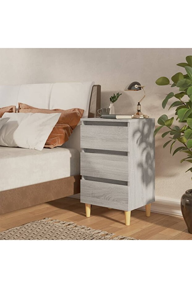 Bed Cabinet with Solid Wood Legs Grey Sonoma 40x35x69 cm