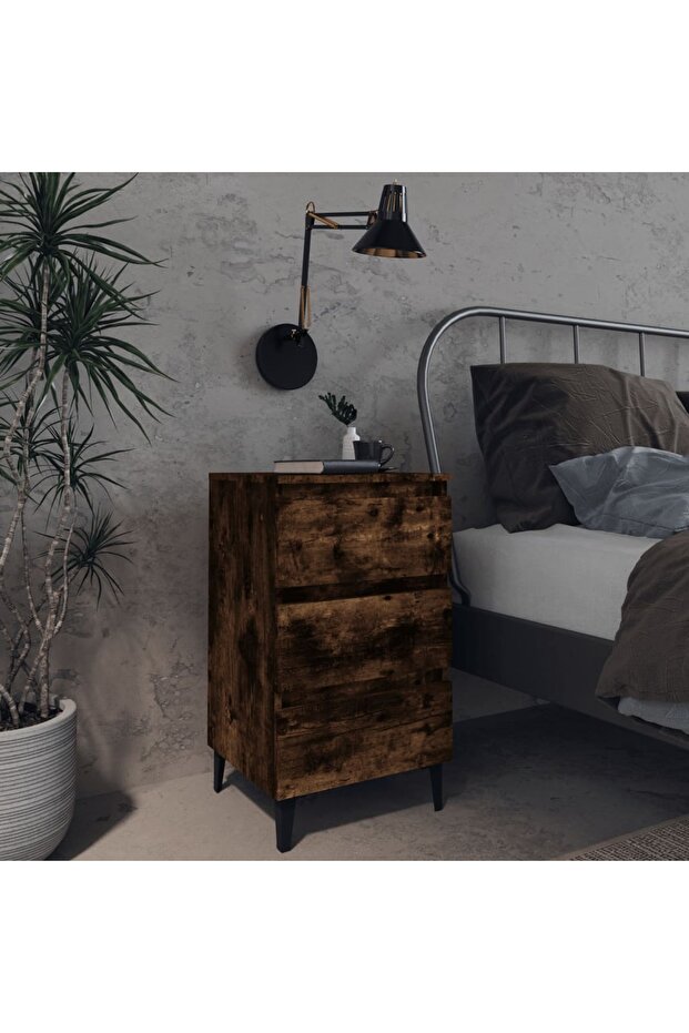 Bed Cabinet with Metal Legs Smoked Oak 40x35x69 cm