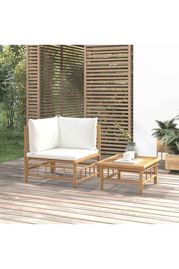 2 Piece Garden Lounge Set with Cream White Cushions Bamboo