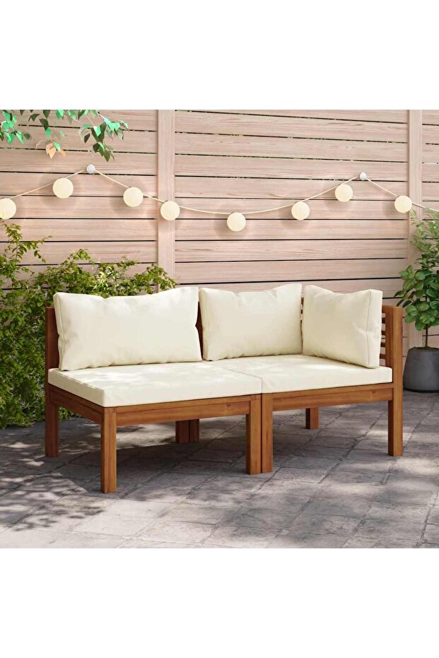 2 Piece Sofa Set with Cream White Cushions Solid Acacia Wood