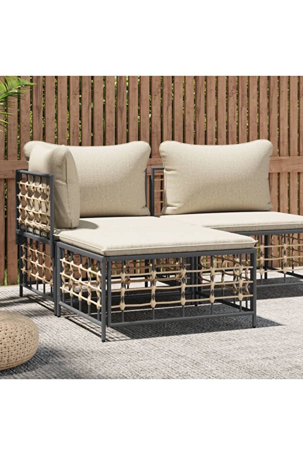 Garden Footstool with Beige Cushion Poly Rattan