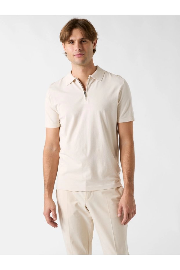 Kadir Teknik Men's Short Sleeve Polo Collar Cream Knitwear M6Rr15Z4442-G1I6
