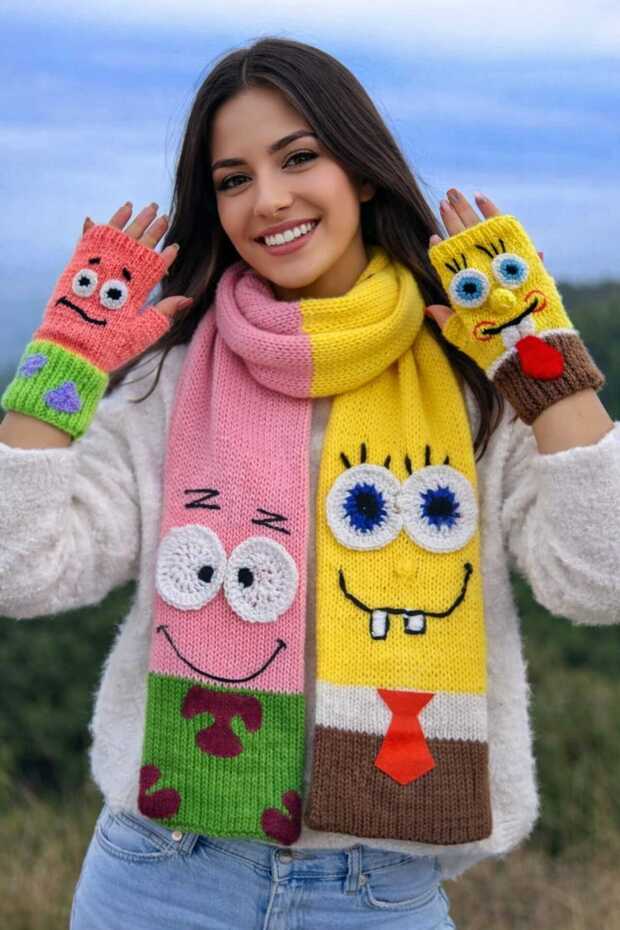 Megahan Boutique Trend Sunger Bop Hand-Knitted Colorful Winter Gift Scarf and Fingerless Gloves Set