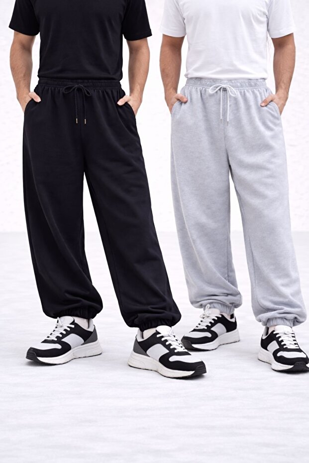 2 Pieces Men's Sweatpants Black Gray Set with Elastic Waistband