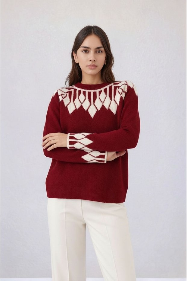 Women's Crew Neck Patterned Long Sleeve Sporty Stylish Knitwear Sweater Suitable for Hijab