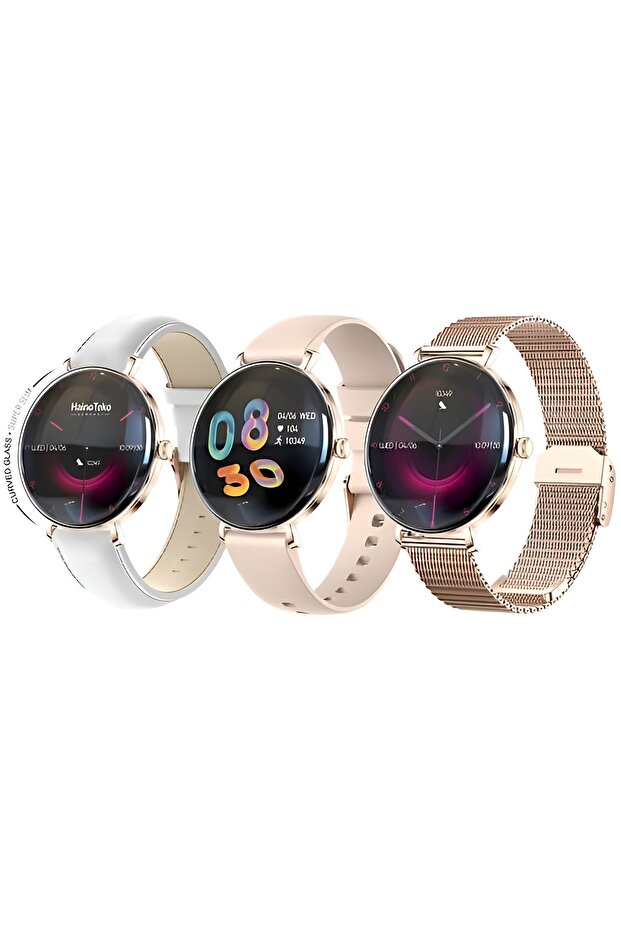 Haino Teko-18 Ladies Smart Watch: Round AMOLED, BT Calling & 3 Straps (Gold)