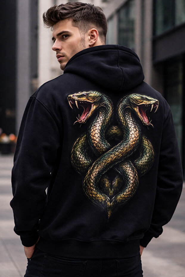 3 Thread Sardon Printed Double Headed Snake Printed Unisex Hooded Sweatshirt