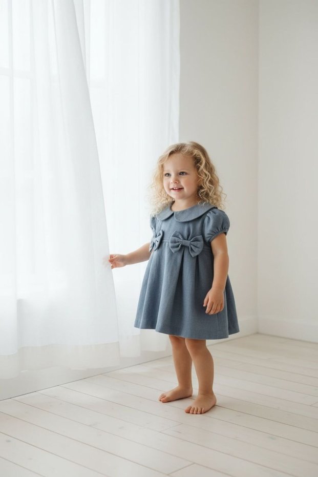 Baby Girl Blue Baby Collar Dress - Bow Detail Short Sleeve Classic Stylish Dress 1-8 Years