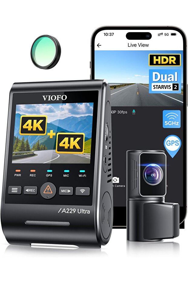 كاميرا A229 Ultra 2CH Dual 4K Dash Cam الأمامية والخلفية