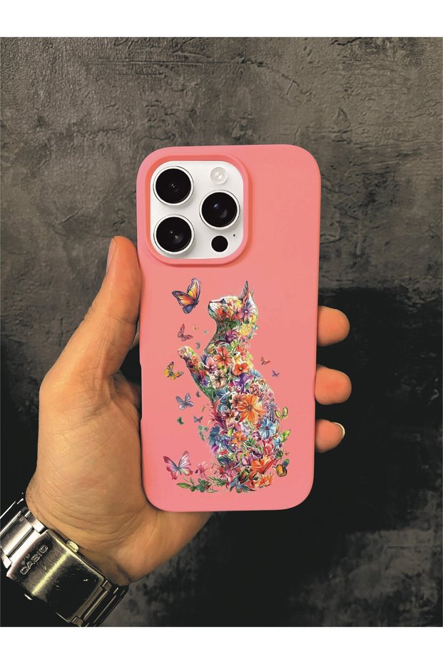 iPhone 15 Pro Compatible Pink Case with Butterfly and Floral Cat Theme