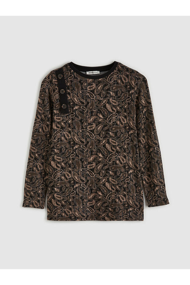 Brown Crew Neck Patterned Blouse