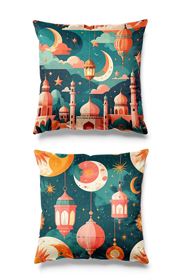 Double Sided Printed Set of 2 Suede Throw Pillow Covers - Ramazan Sunset - Ramadan Kareem