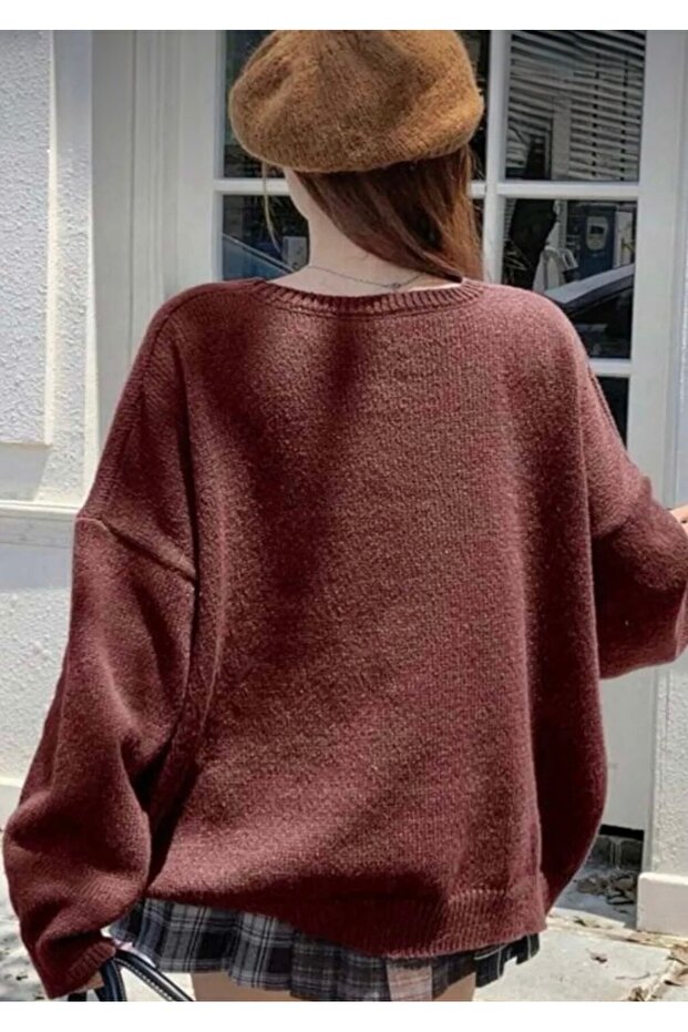 Ayıcık Desenli Oversize Triko Kazak - 2