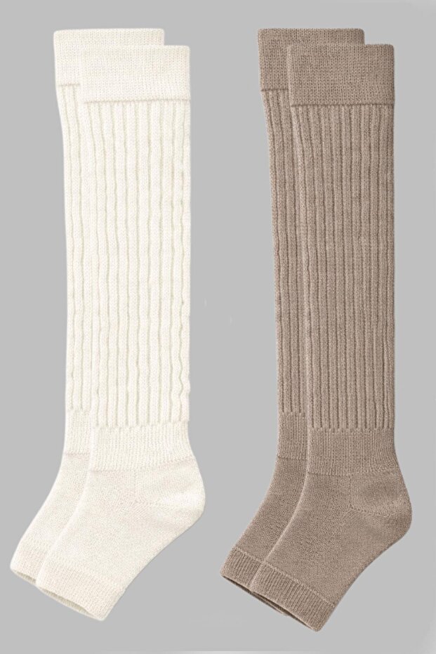 2 Pairs of Fingerless, Thick Ribbed, Above-Knee Leggings with Cotton Content