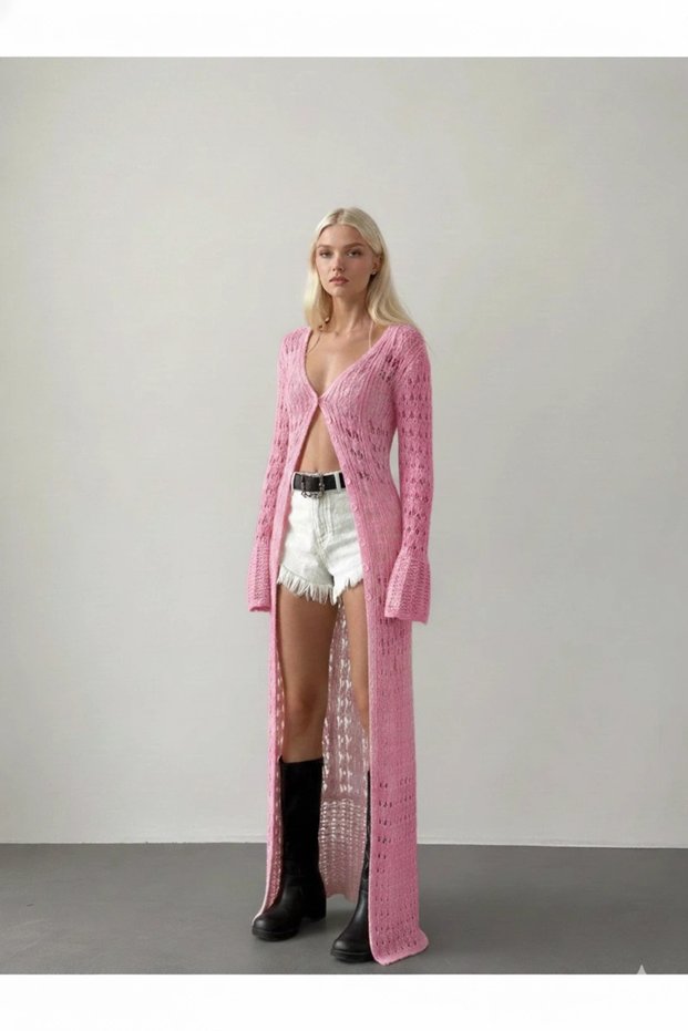 Women's Candy Pink Full Length Buttoned Lace-Like Knit Spanish Sleeve Long Knitwear Cardigan