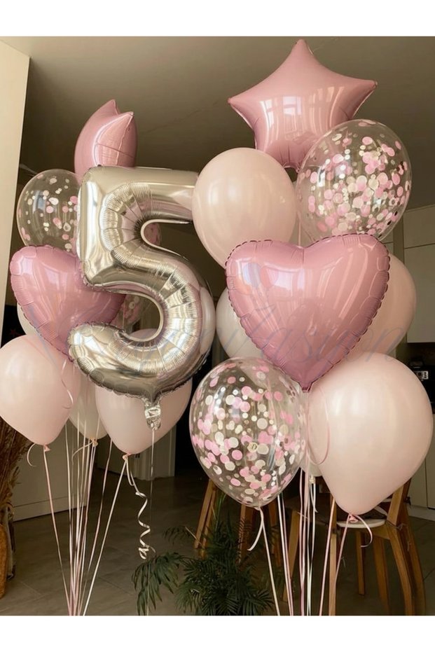Silver Number 5 Birthday Balloon Set Pink Heart Star Confetti Birthday & Special Day Decoration
