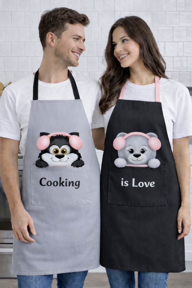 Ays Home Gray Teddy Bear Printed Pocket 2-Piece Kitchen Apron Set