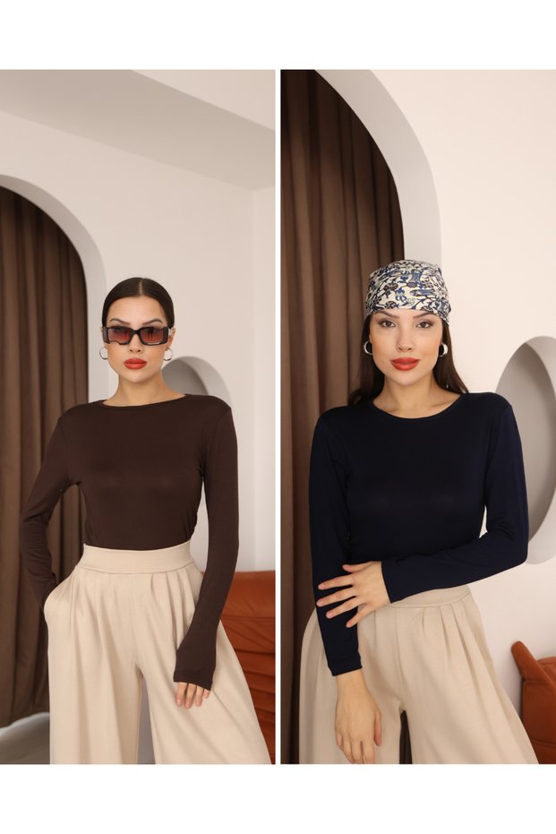 Women's 2-Piece Women's Long Sleeve Crew Neck Stretch Fabric Combed Cotton Bodysuit