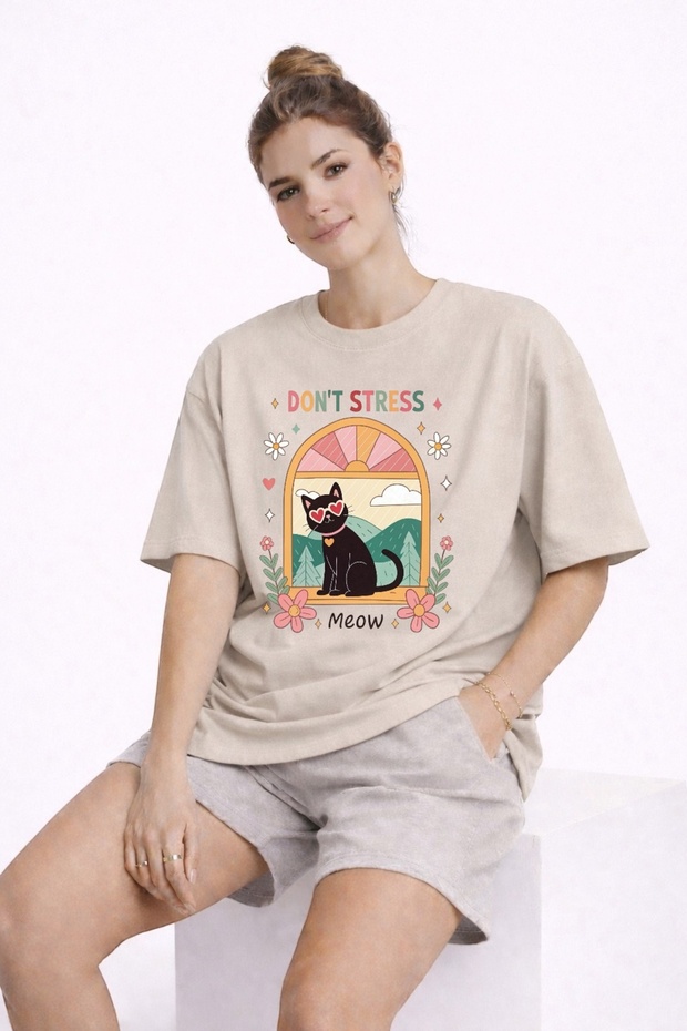 Don'T Stress Cat Printed Unisex Colorful T-Shirt